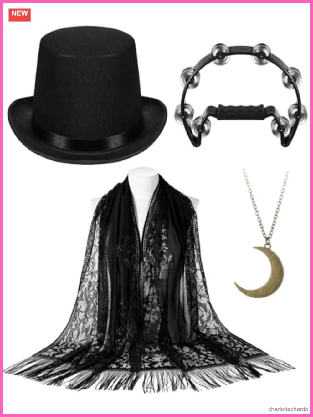 Punk Top Hat Costume Set Fringe Shawl Tambourine Moon Necklace Cosplay Halloween